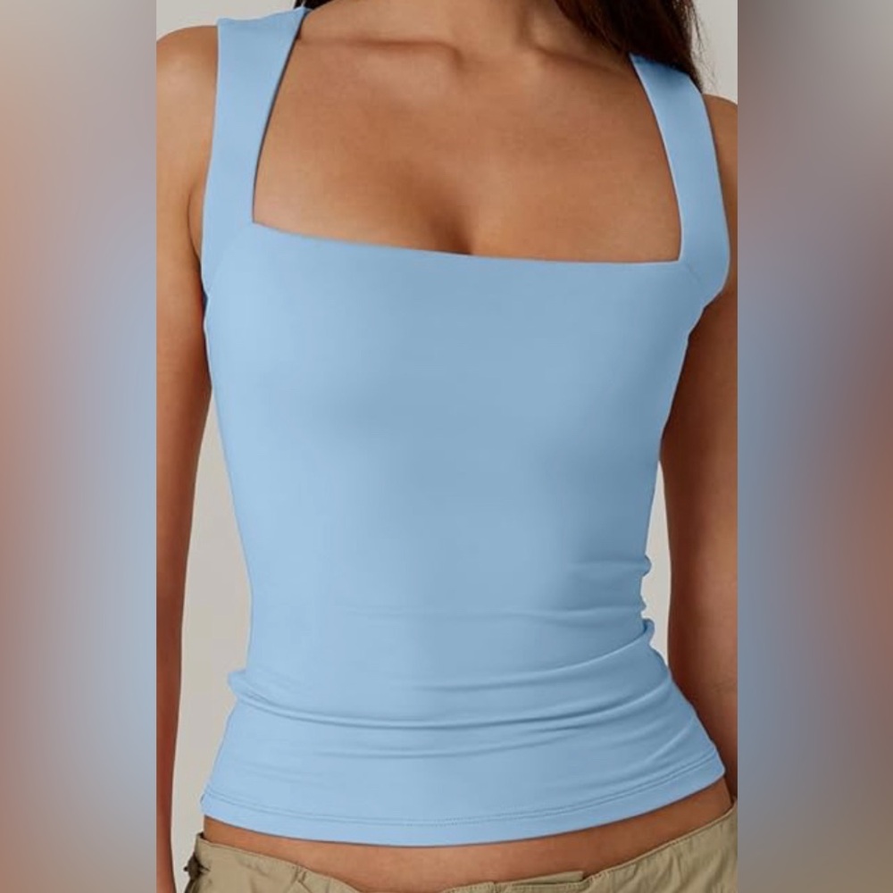 QINSEN square neck light blue top size XL